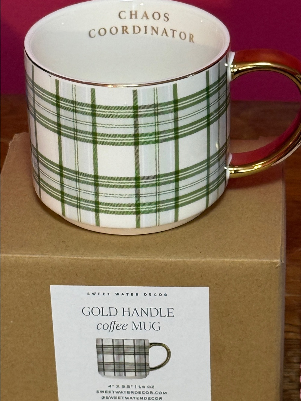 Green Plaid Mug with Gold Handle